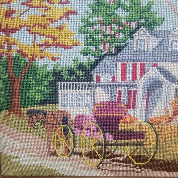 Vintage Large Ornate Wood Framed 22.5 X 17 Needlepoint Fairfield Inn w/ Carriage - Picture 6 of 11